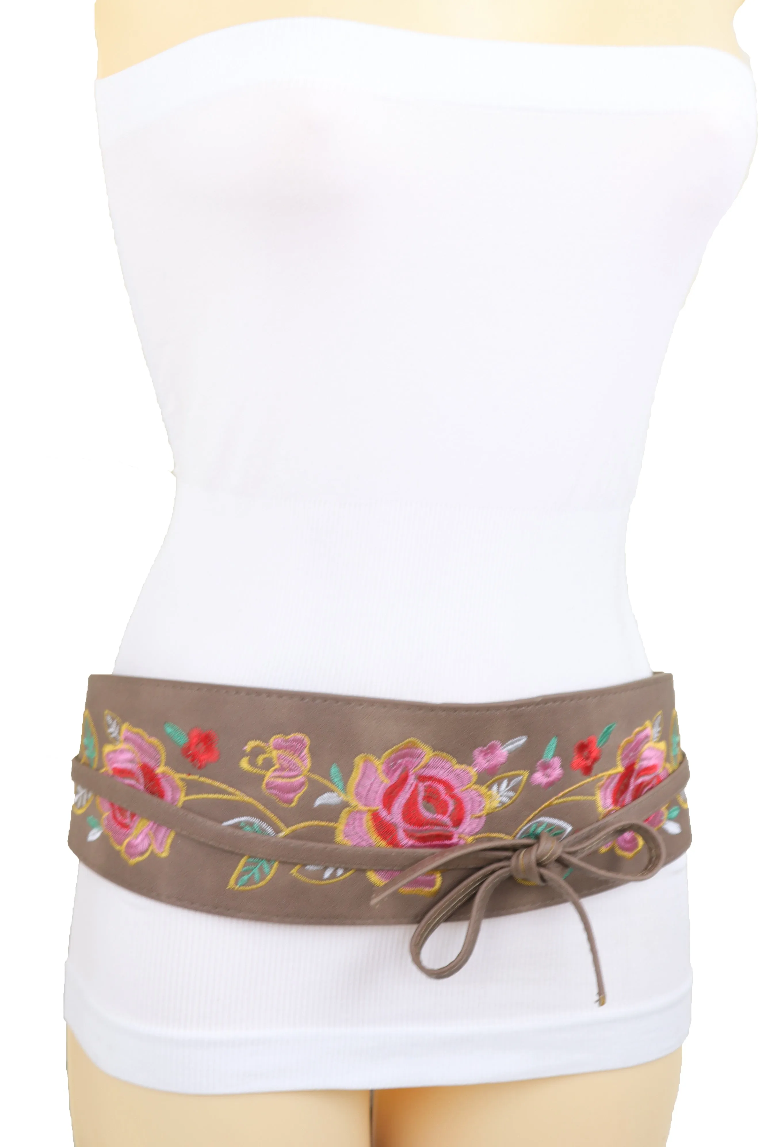 Taupe Beige High Waist Wide Faux Leather Wrap Around Tie Belt Flowers S M