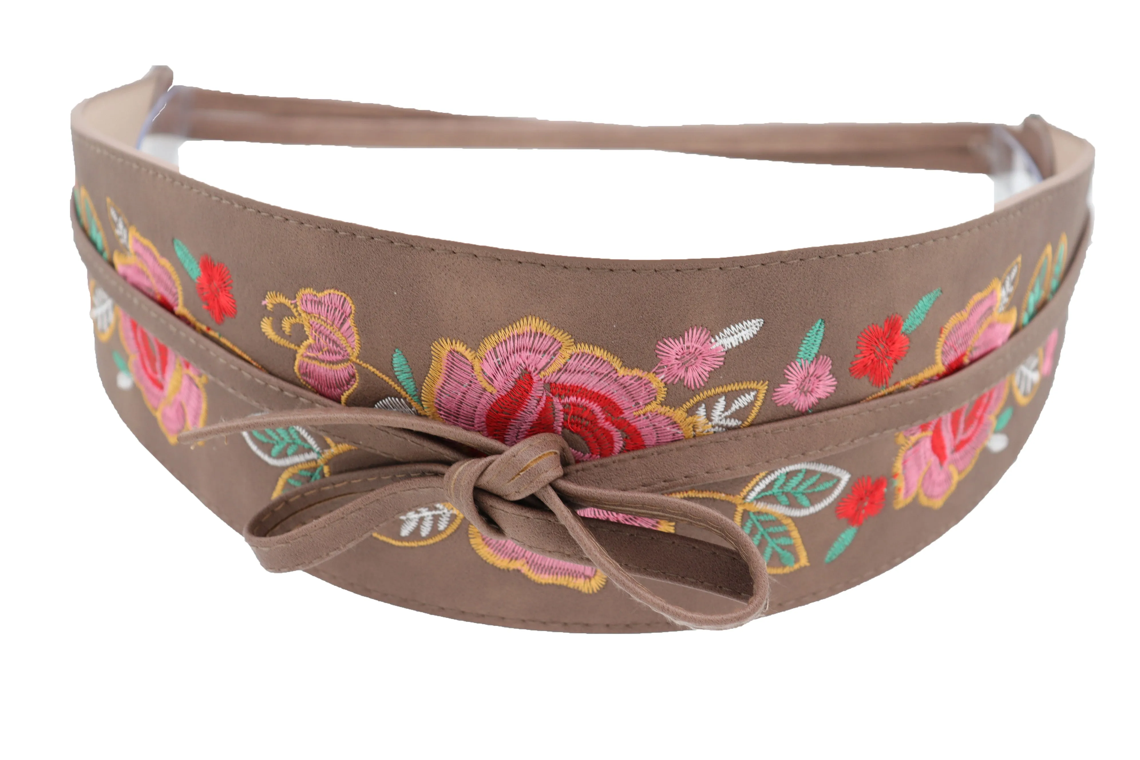 Taupe Beige High Waist Wide Faux Leather Wrap Around Tie Belt Flowers S M