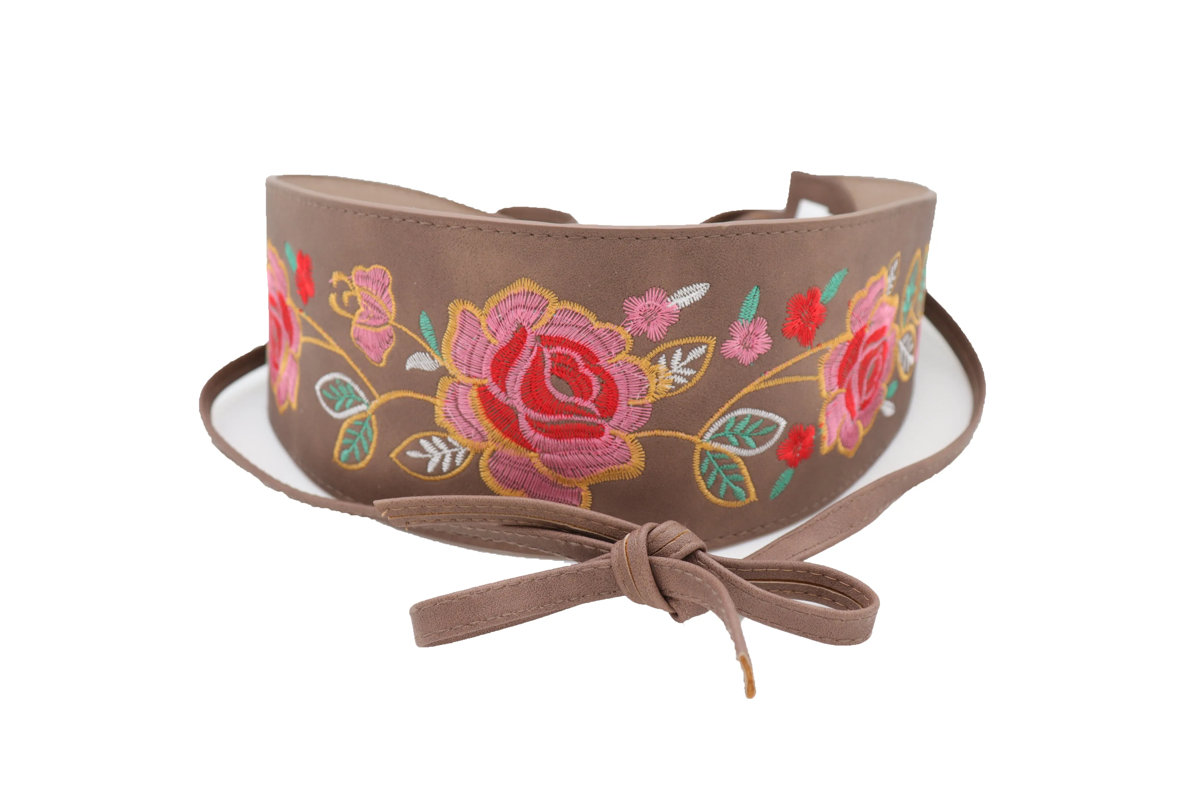 Taupe Beige High Waist Wide Faux Leather Wrap Around Tie Belt Flowers S M