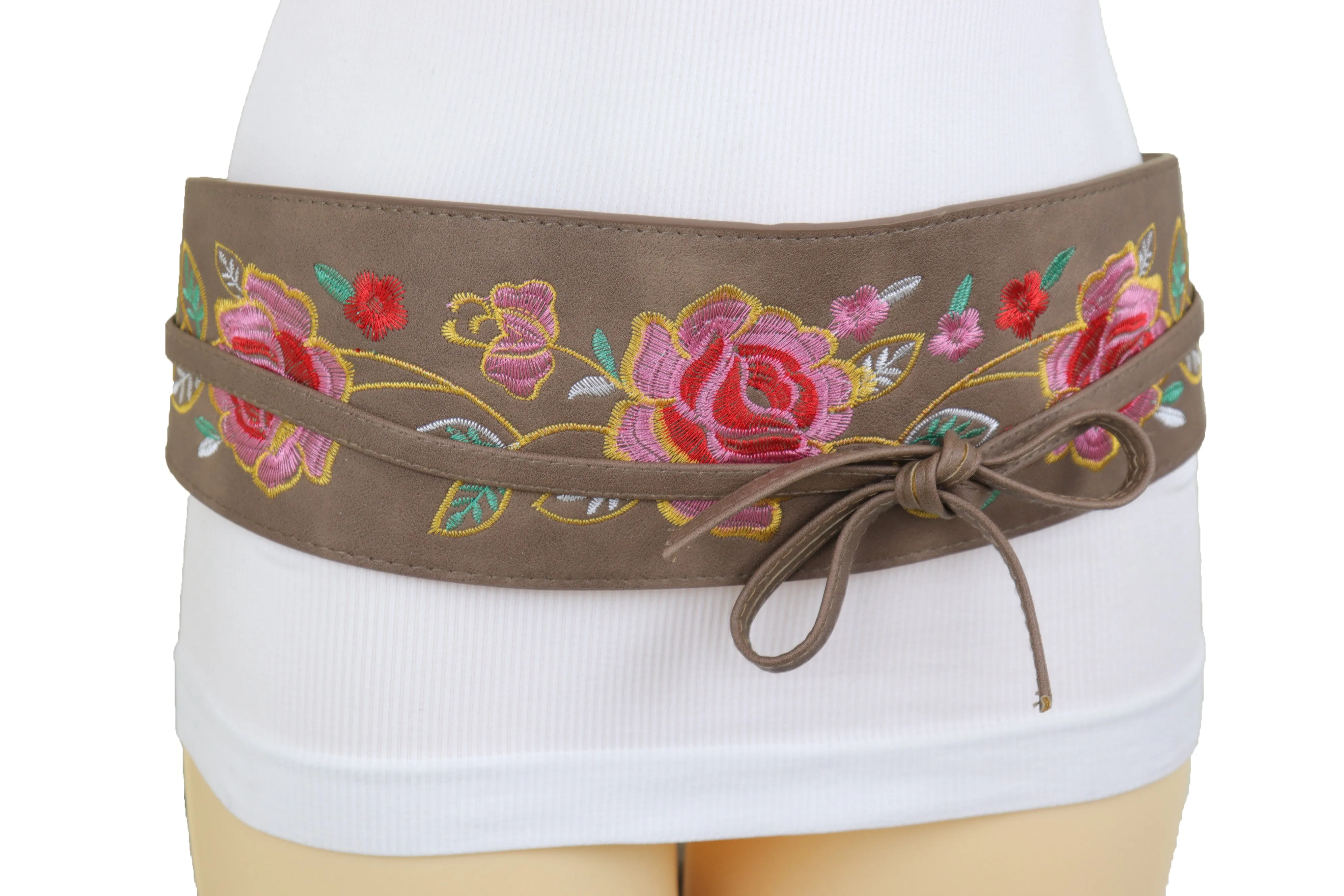 Taupe Beige High Waist Wide Faux Leather Wrap Around Tie Belt Flowers S M