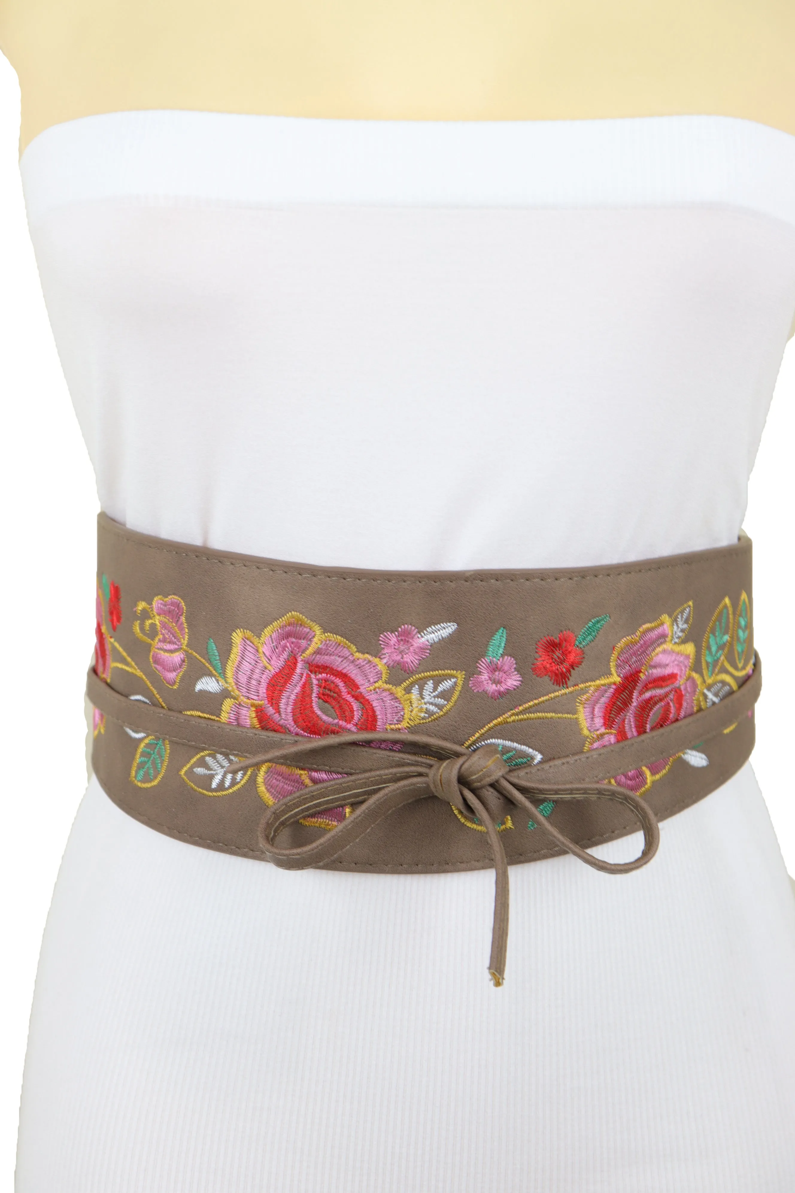 Taupe Beige High Waist Wide Faux Leather Wrap Around Tie Belt Flowers S M