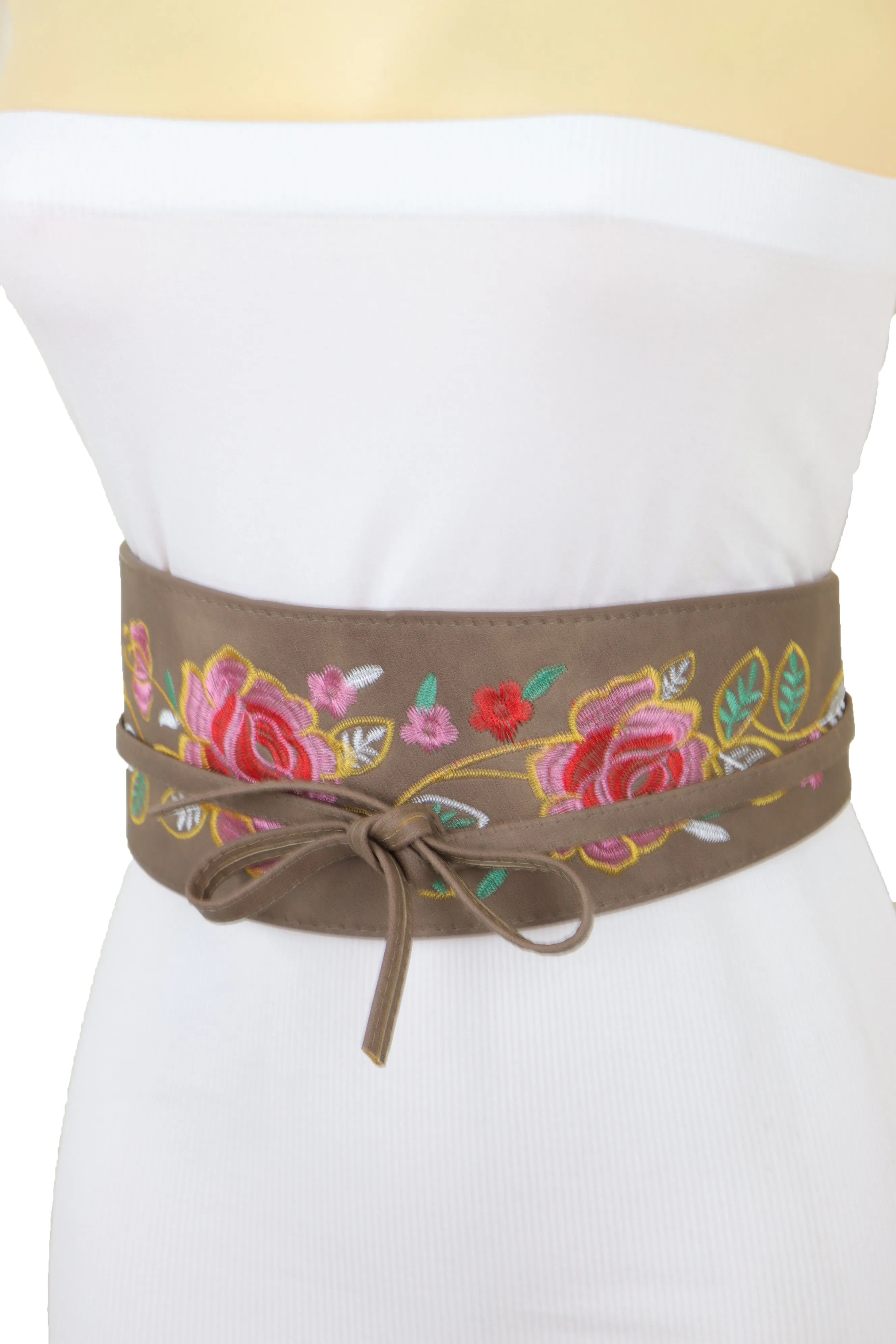 Taupe Beige High Waist Wide Faux Leather Wrap Around Tie Belt Flowers S M