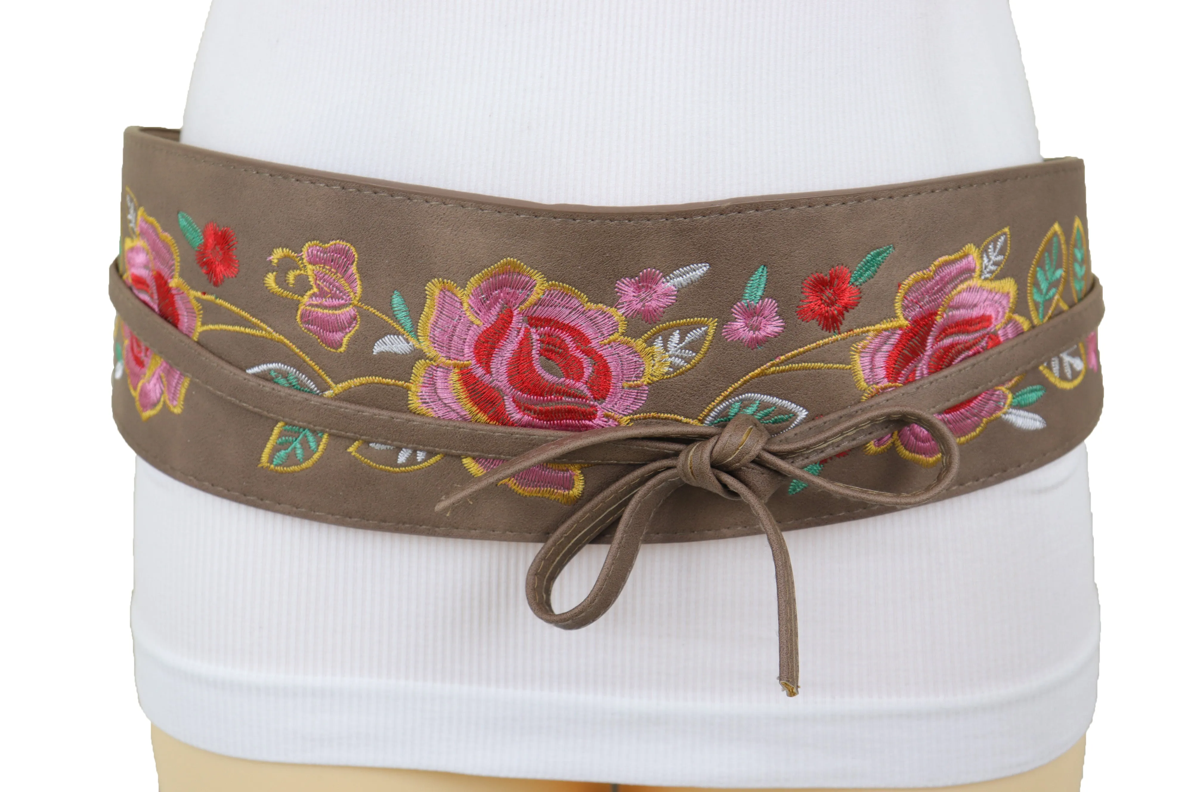 Taupe Beige High Waist Wide Faux Leather Wrap Around Tie Belt Flowers S M