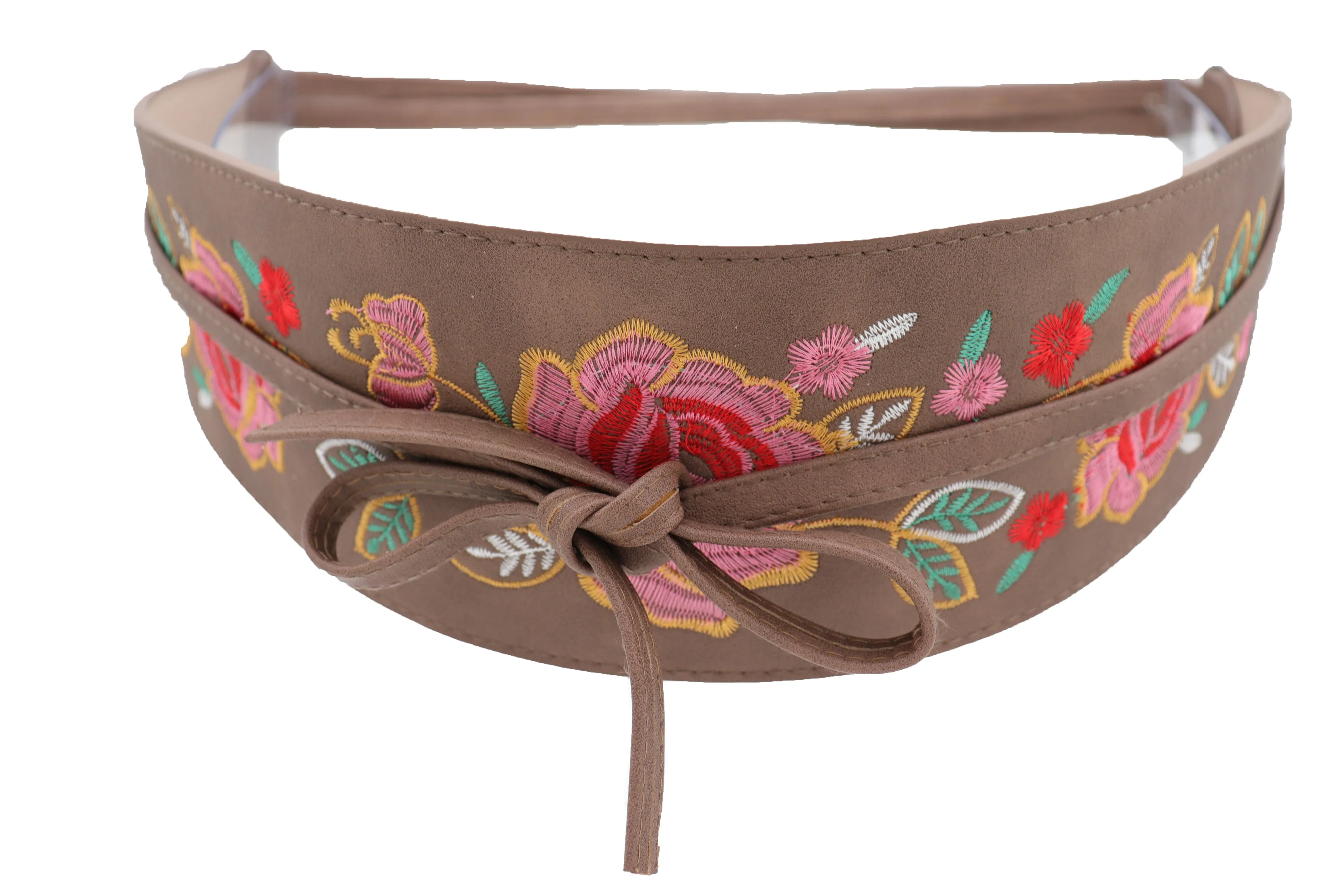Taupe Beige High Waist Wide Faux Leather Wrap Around Tie Belt Flowers S M