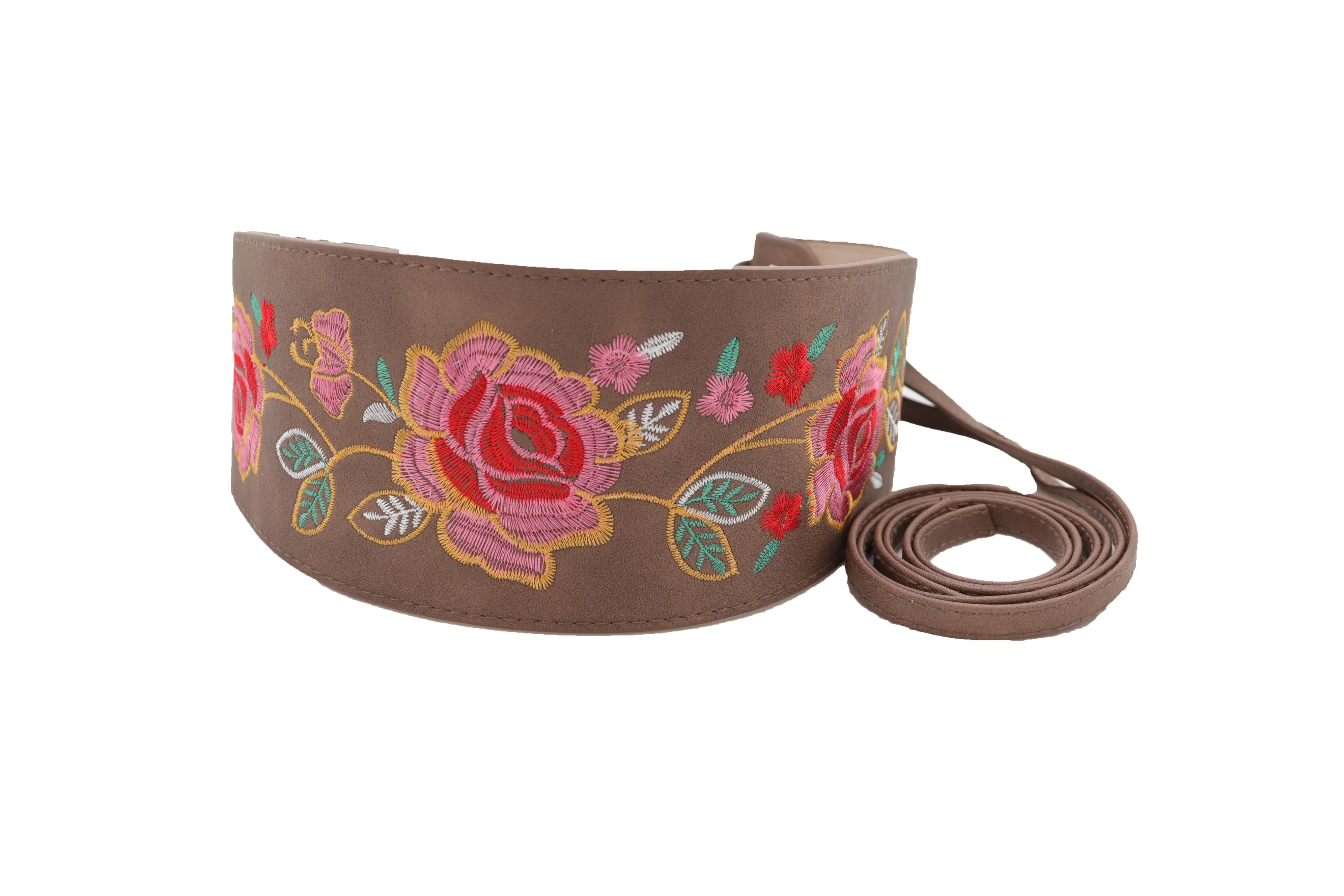 Taupe Beige High Waist Wide Faux Leather Wrap Around Tie Belt Flowers S M
