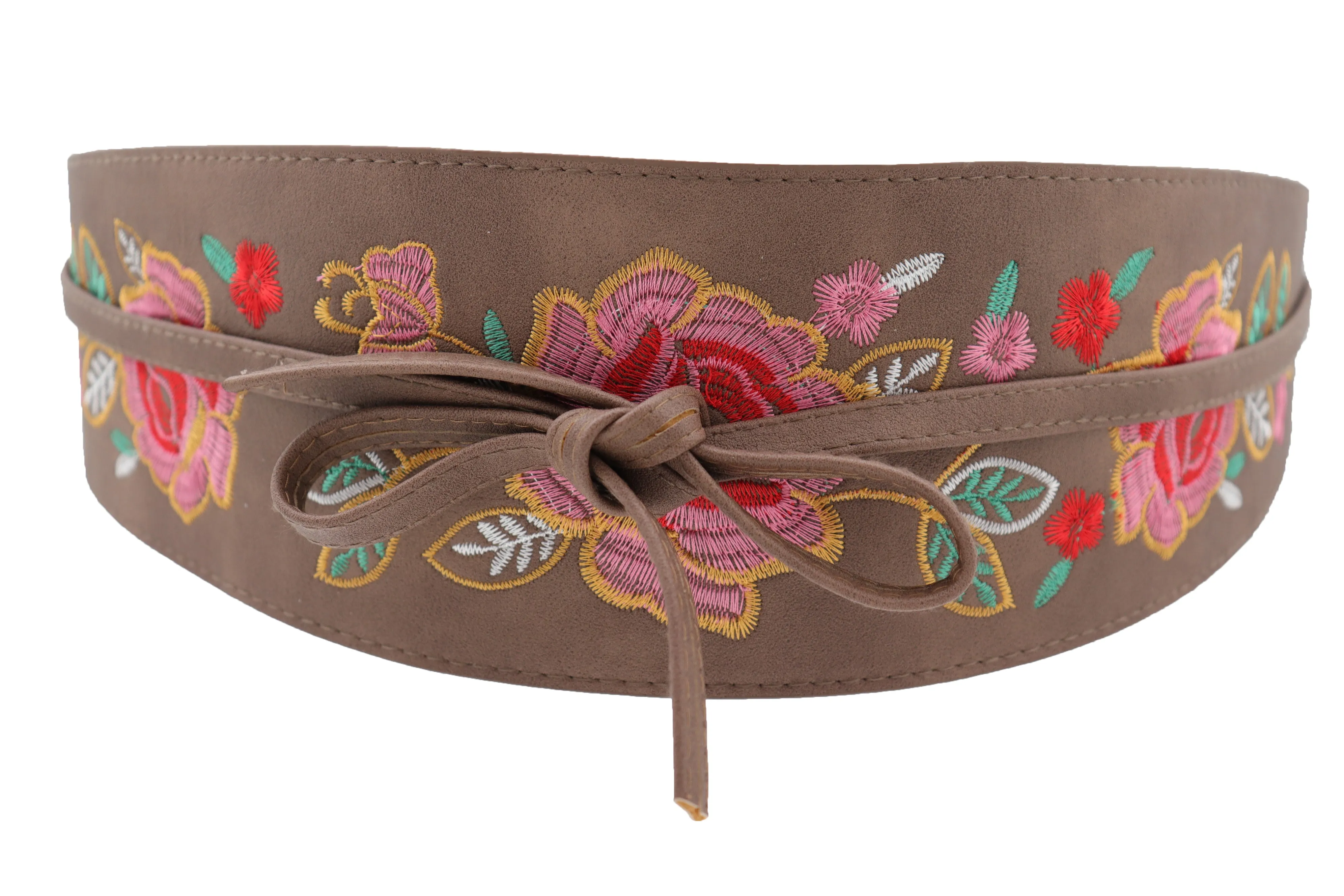 Taupe Beige High Waist Wide Faux Leather Wrap Around Tie Belt Flowers S M