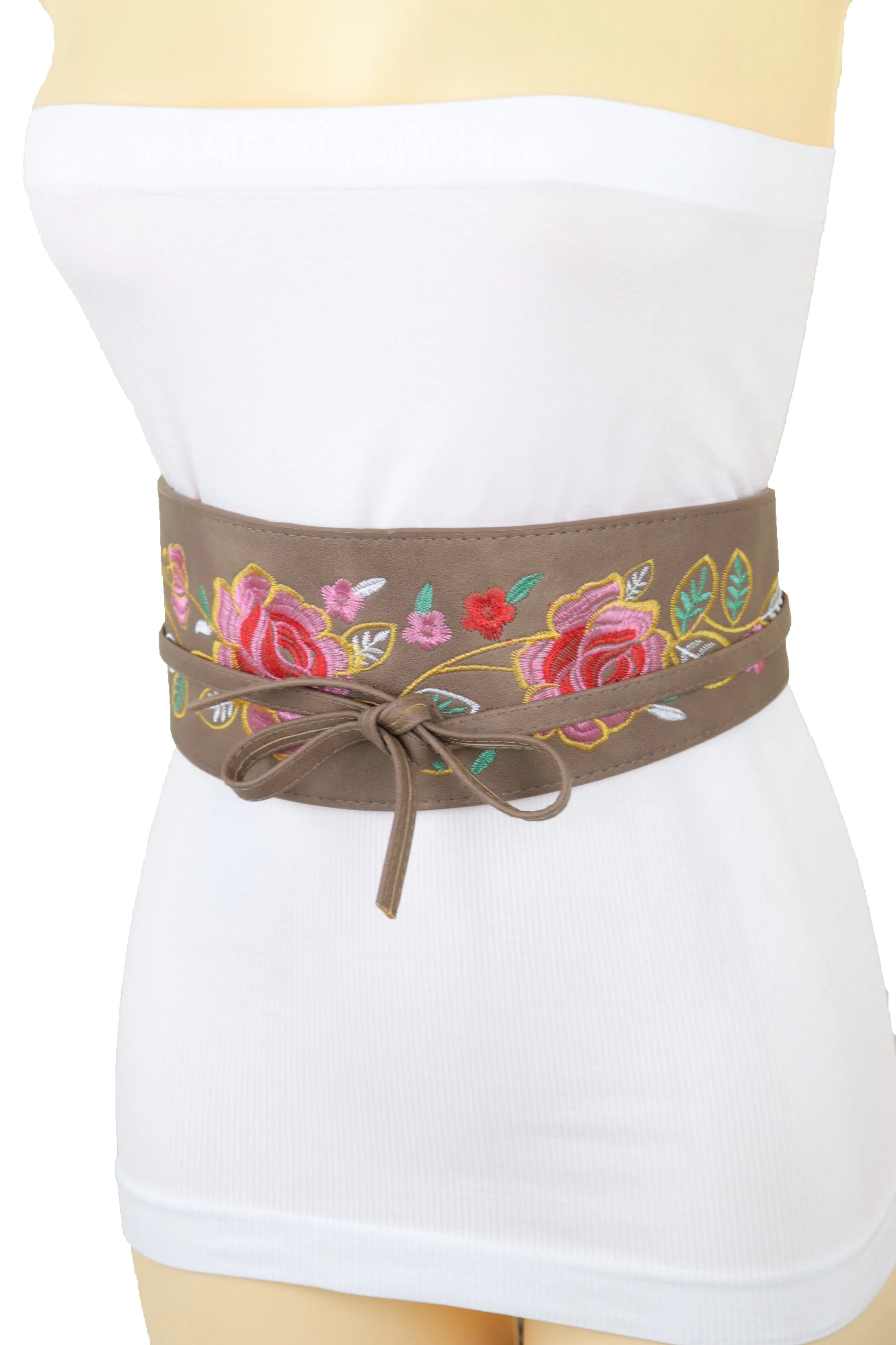 Taupe Beige High Waist Wide Faux Leather Wrap Around Tie Belt Flowers S M