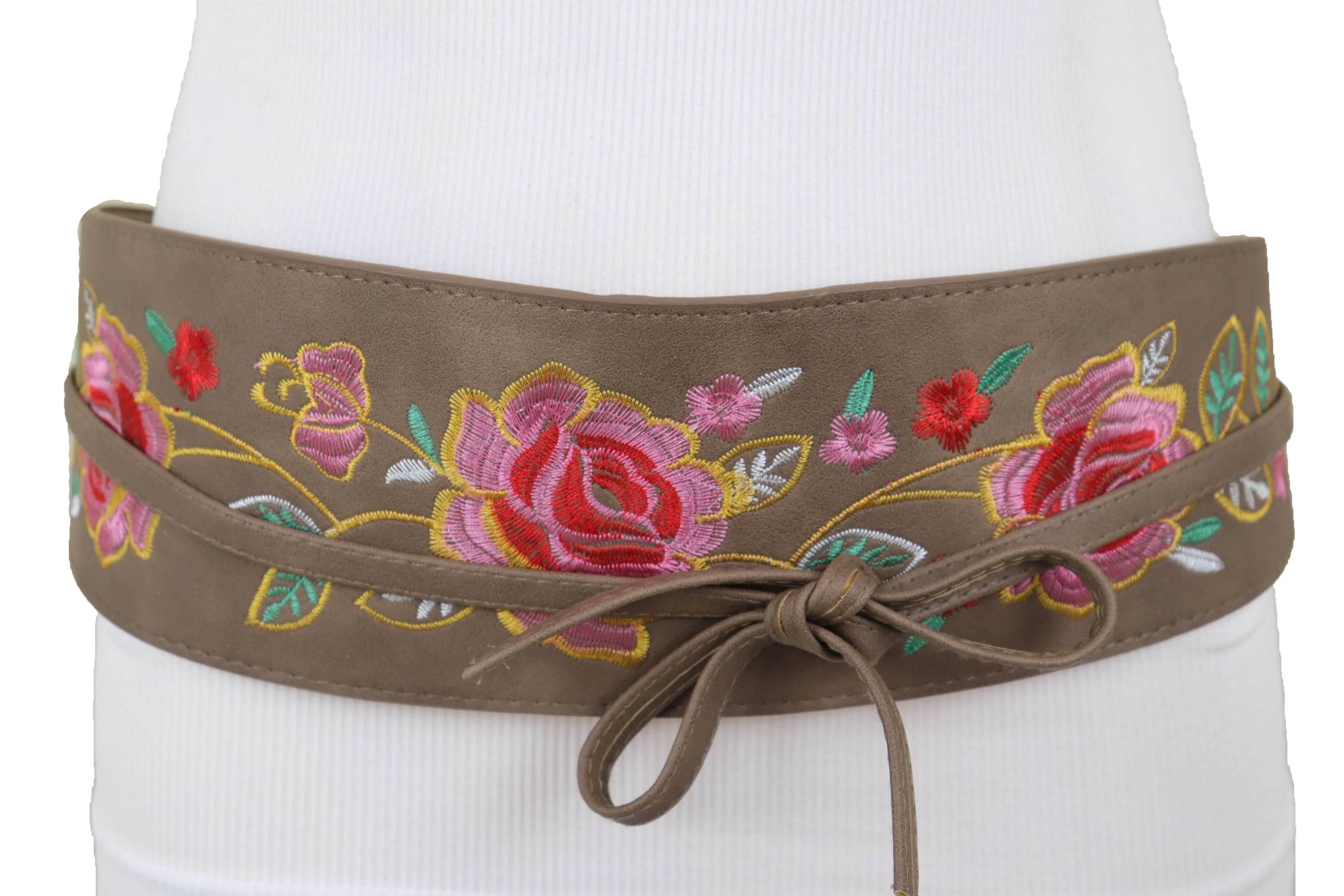Taupe Beige High Waist Wide Faux Leather Wrap Around Tie Belt Flowers S M