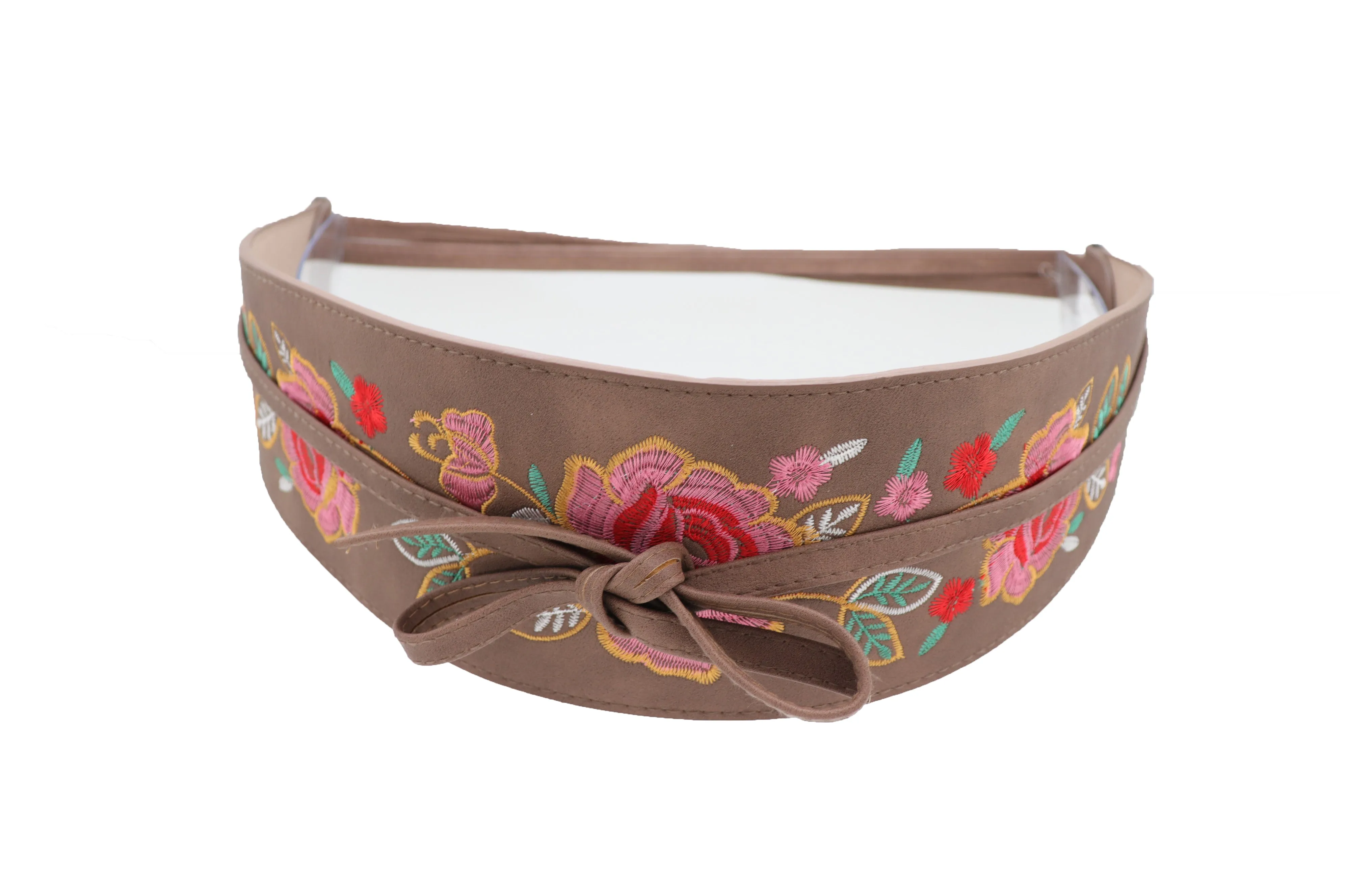 Taupe Beige High Waist Wide Faux Leather Wrap Around Tie Belt Flowers S M