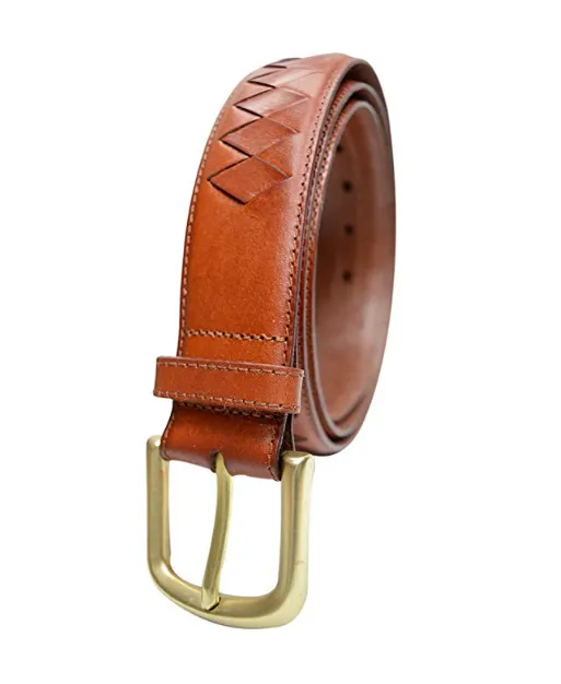 TB795 - Men's diamond woven stitched feather edge leather belt with brass buckle 38mm