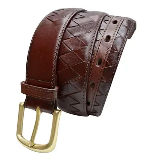 TB795 - Men's diamond woven stitched feather edge leather belt with brass buckle 38mm