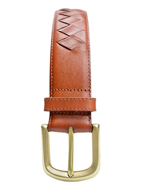 TB795 - Men's diamond woven stitched feather edge leather belt with brass buckle 38mm