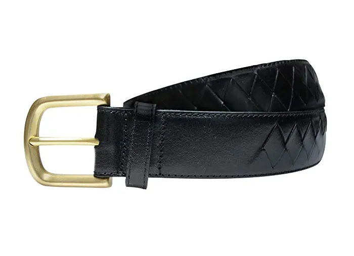 TB795 - Men's diamond woven stitched feather edge leather belt with brass buckle 38mm