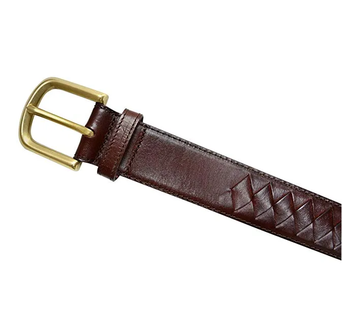 TB795 - Men's diamond woven stitched feather edge leather belt with brass buckle 38mm