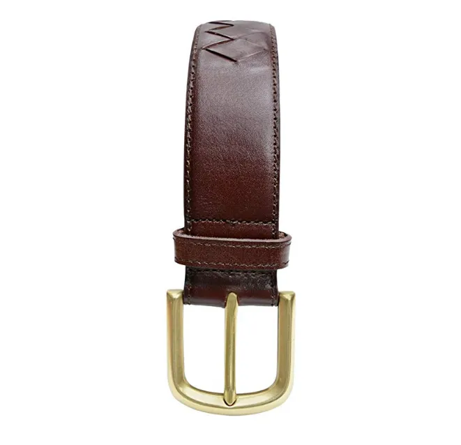 TB795 - Men's diamond woven stitched feather edge leather belt with brass buckle 38mm
