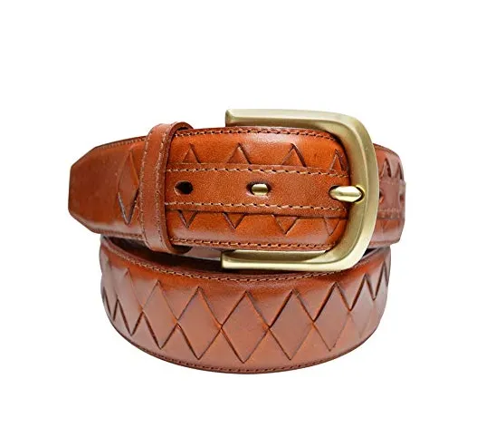TB795 - Men's diamond woven stitched feather edge leather belt with brass buckle 38mm