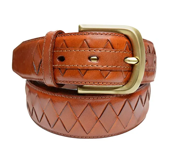 TB795 - Men's diamond woven stitched feather edge leather belt with brass buckle 38mm