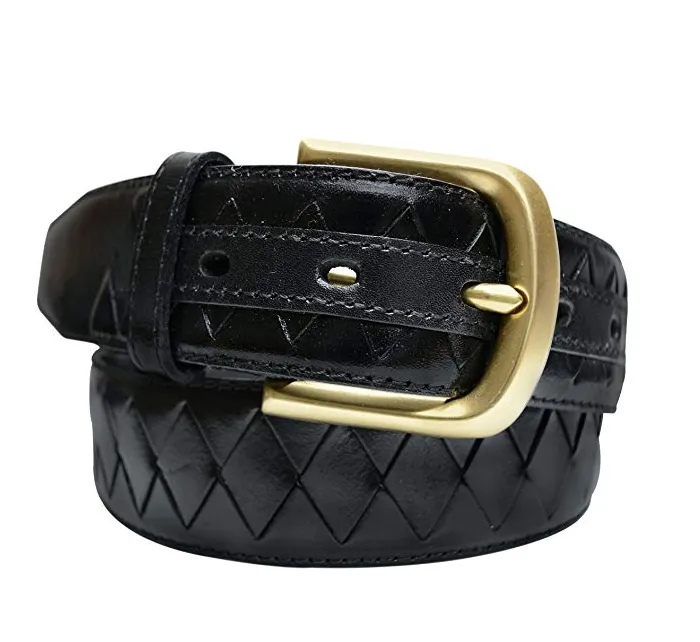 TB795 - Men's diamond woven stitched feather edge leather belt with brass buckle 38mm