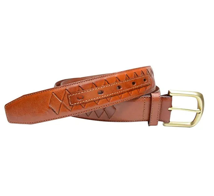 TB795 - Men's diamond woven stitched feather edge leather belt with brass buckle 38mm