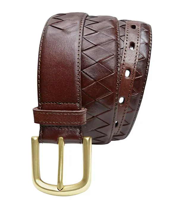 TB795 - Men's diamond woven stitched feather edge leather belt with brass buckle 38mm