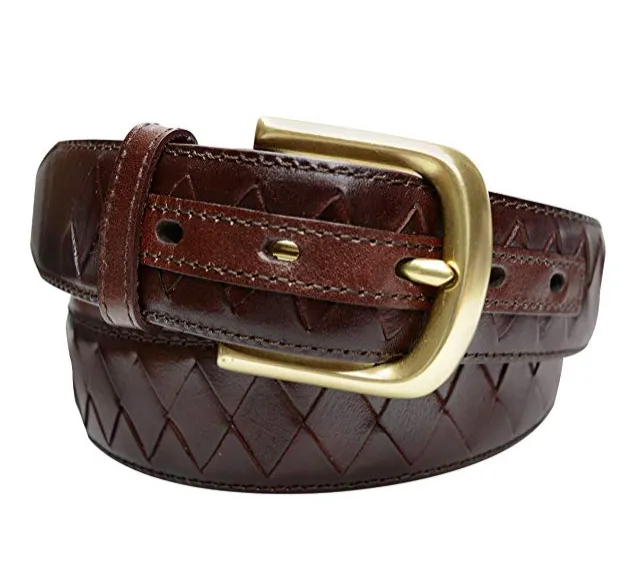 TB795 - Men's diamond woven stitched feather edge leather belt with brass buckle 38mm