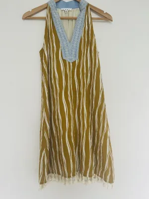THML Olive Striped Dress Sz S Embroidered V-Neck Lined 100% Cotton Tassel Boho