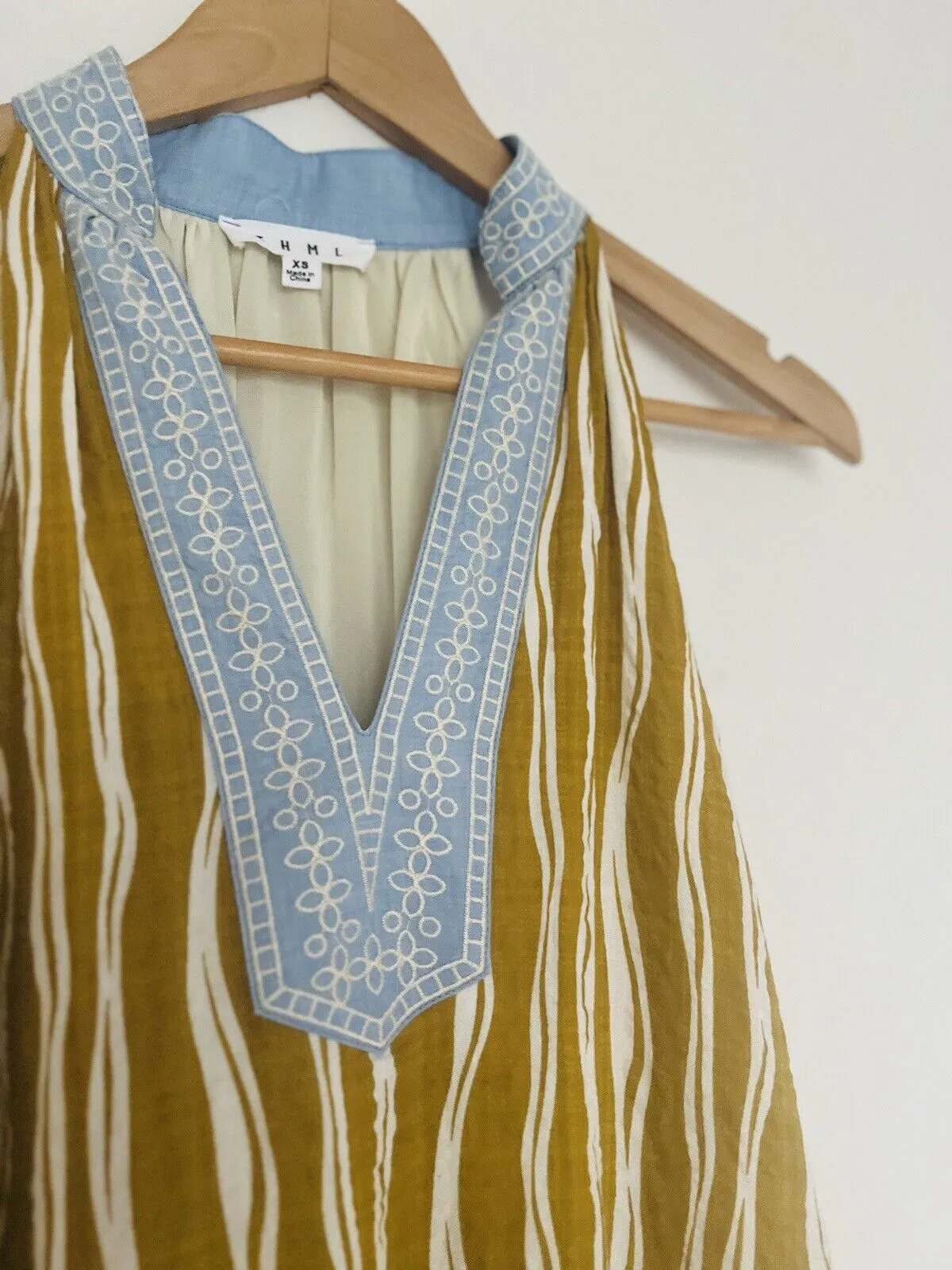 THML Olive Striped Dress Sz S Embroidered V-Neck Lined 100% Cotton Tassel Boho