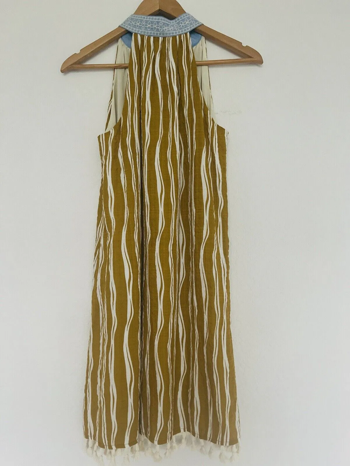 THML Olive Striped Dress Sz S Embroidered V-Neck Lined 100% Cotton Tassel Boho