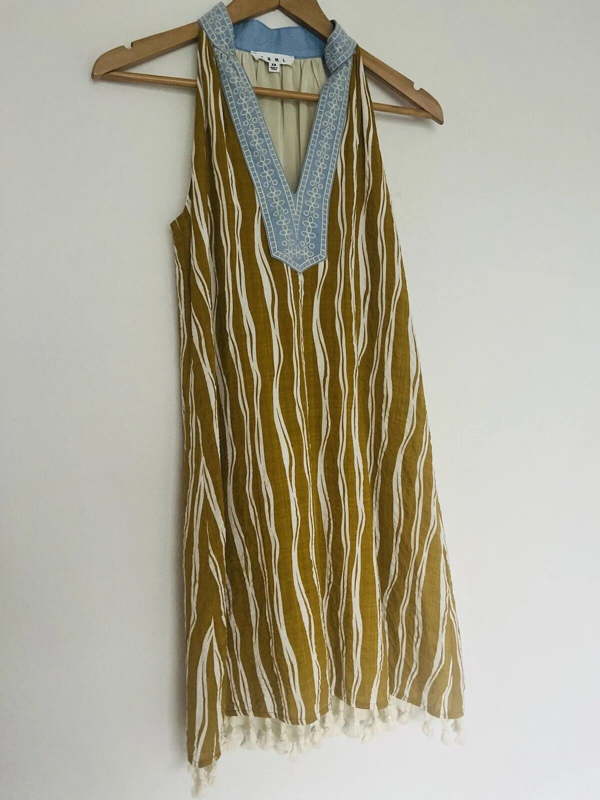 THML Olive Striped Dress Sz S Embroidered V-Neck Lined 100% Cotton Tassel Boho