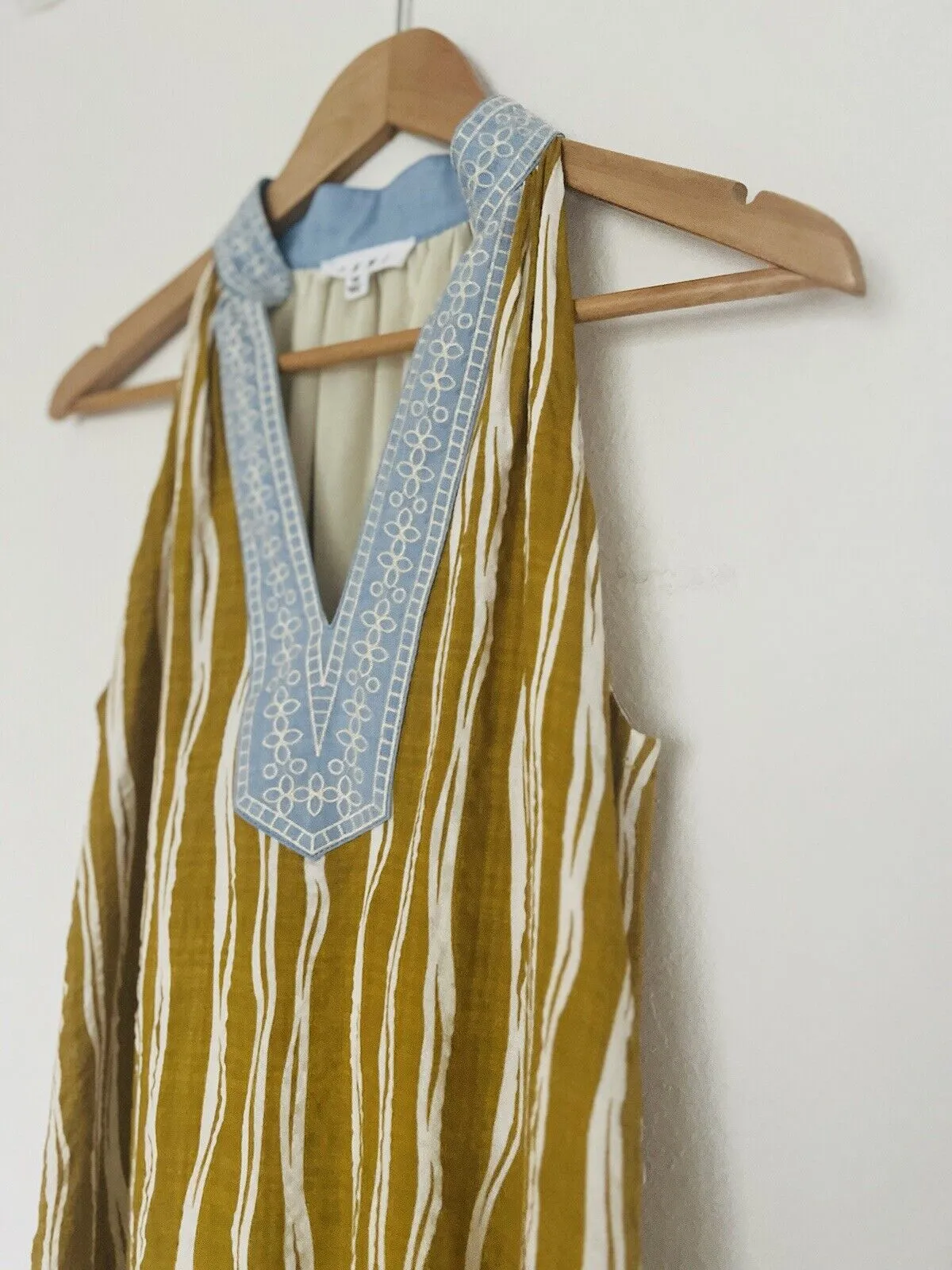 THML Olive Striped Dress Sz S Embroidered V-Neck Lined 100% Cotton Tassel Boho