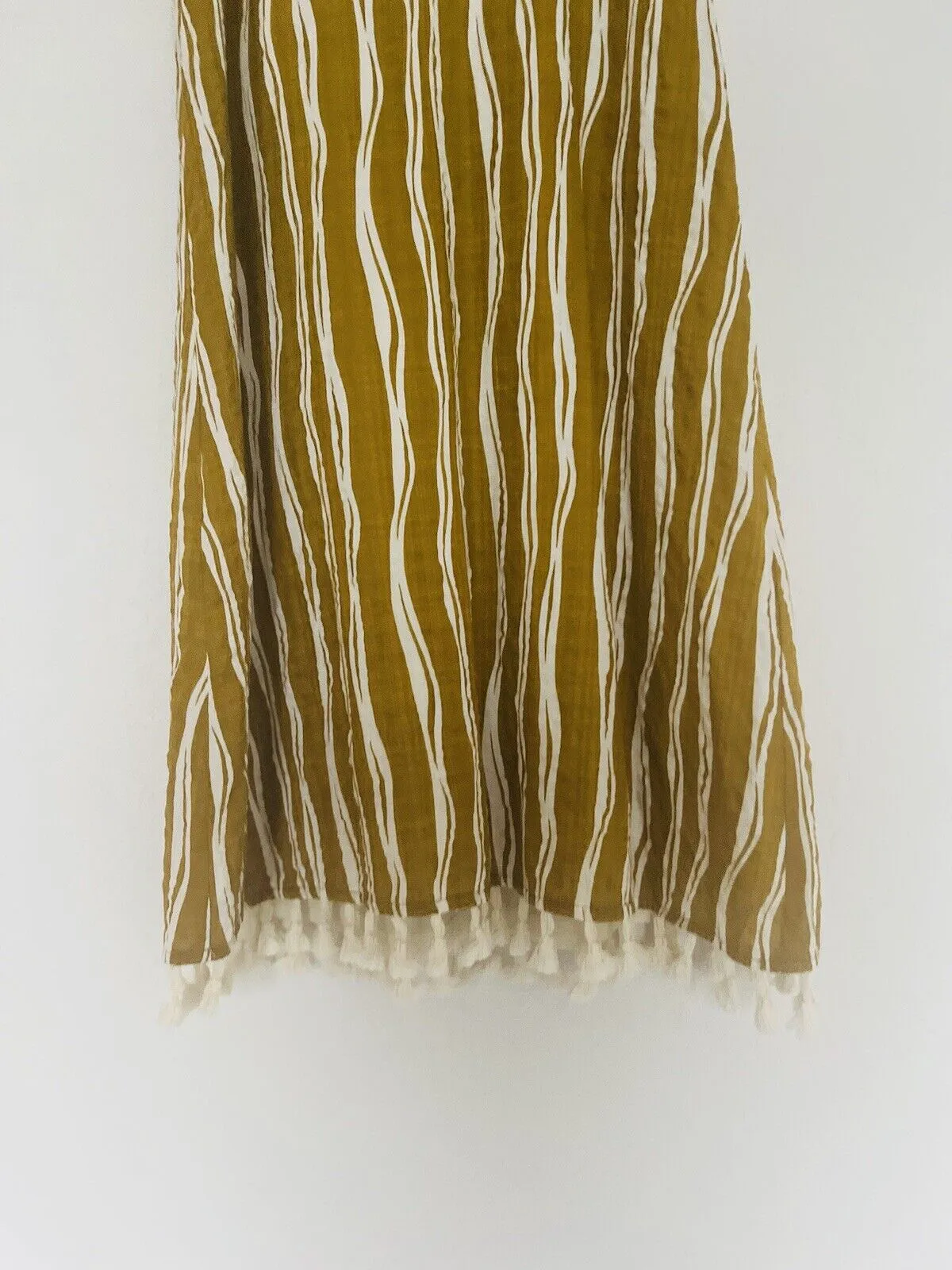 THML Olive Striped Dress Sz S Embroidered V-Neck Lined 100% Cotton Tassel Boho