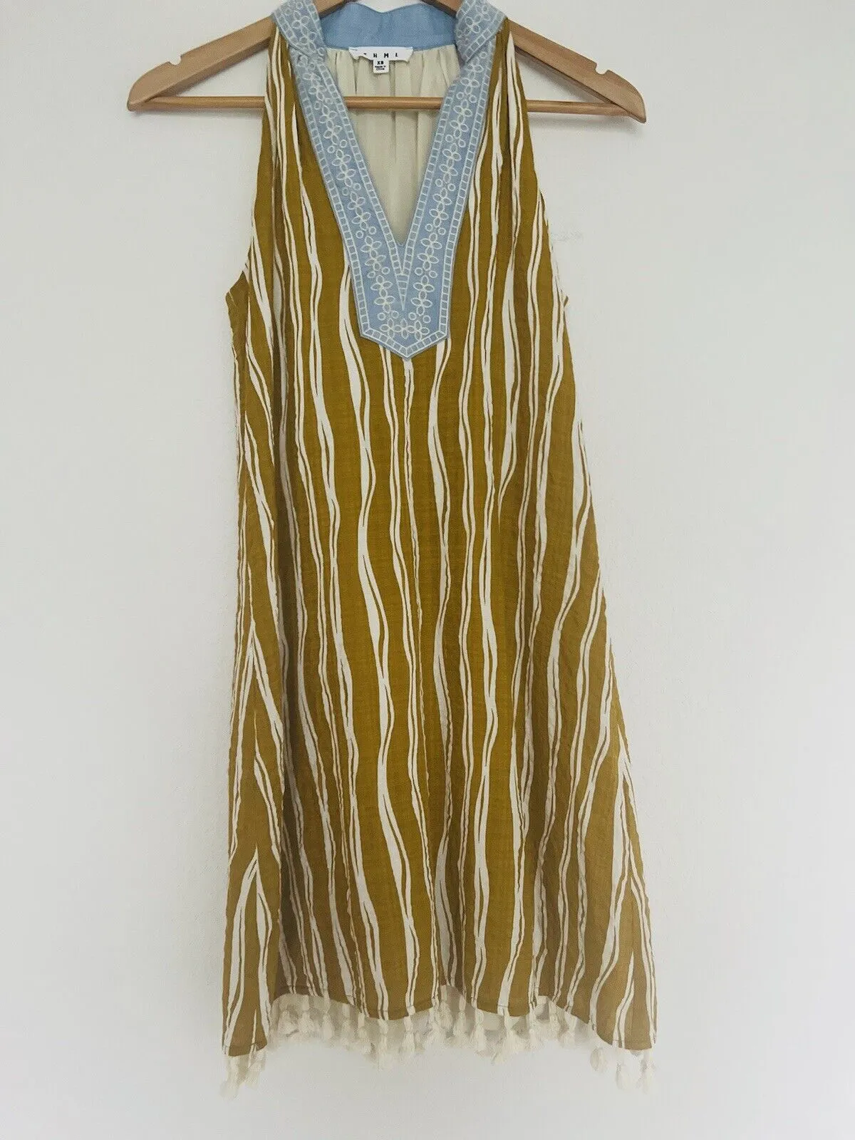 THML Olive Striped Dress Sz S Embroidered V-Neck Lined 100% Cotton Tassel Boho