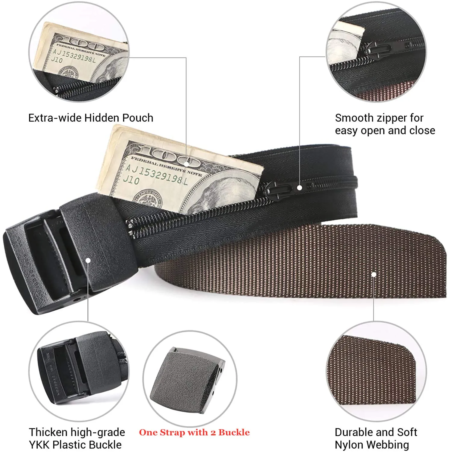 Travel Security Money Belt with Hidden Money Pocket - Cashsafe Anti-Theft Wallet Unisex Nickel free Nylon Belt