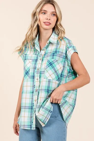 Turquoise Mineral Wash Plaid Button Down Shirt