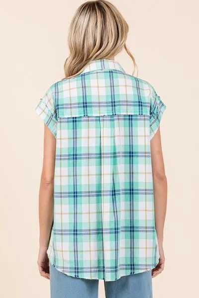 Turquoise Mineral Wash Plaid Button Down Shirt