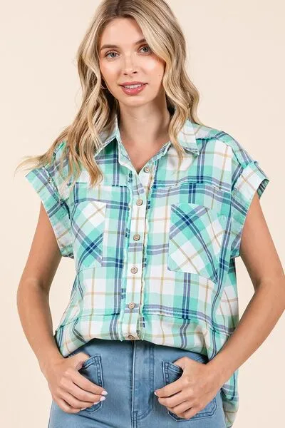 Turquoise Mineral Wash Plaid Button Down Shirt