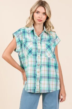 Turquoise Mineral Wash Plaid Button Down Shirt