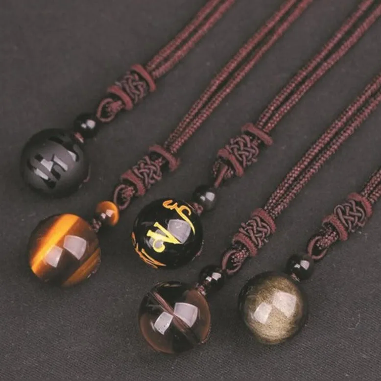 Vintage Black Obsidian Pendant Necklace RhinStone Women Jewelry