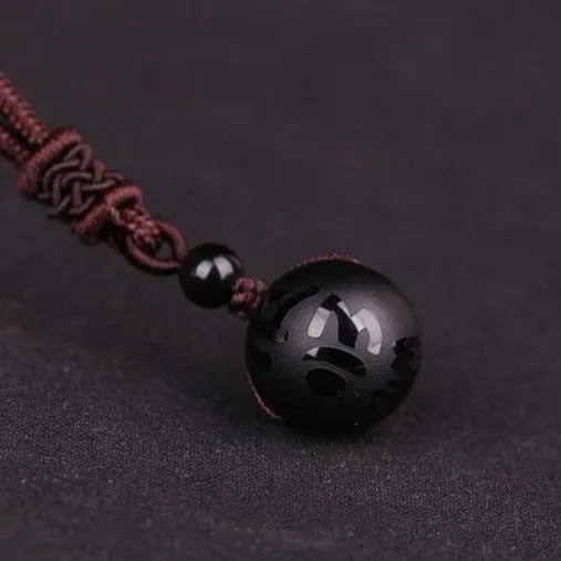 Vintage Black Obsidian Pendant Necklace RhinStone Women Jewelry