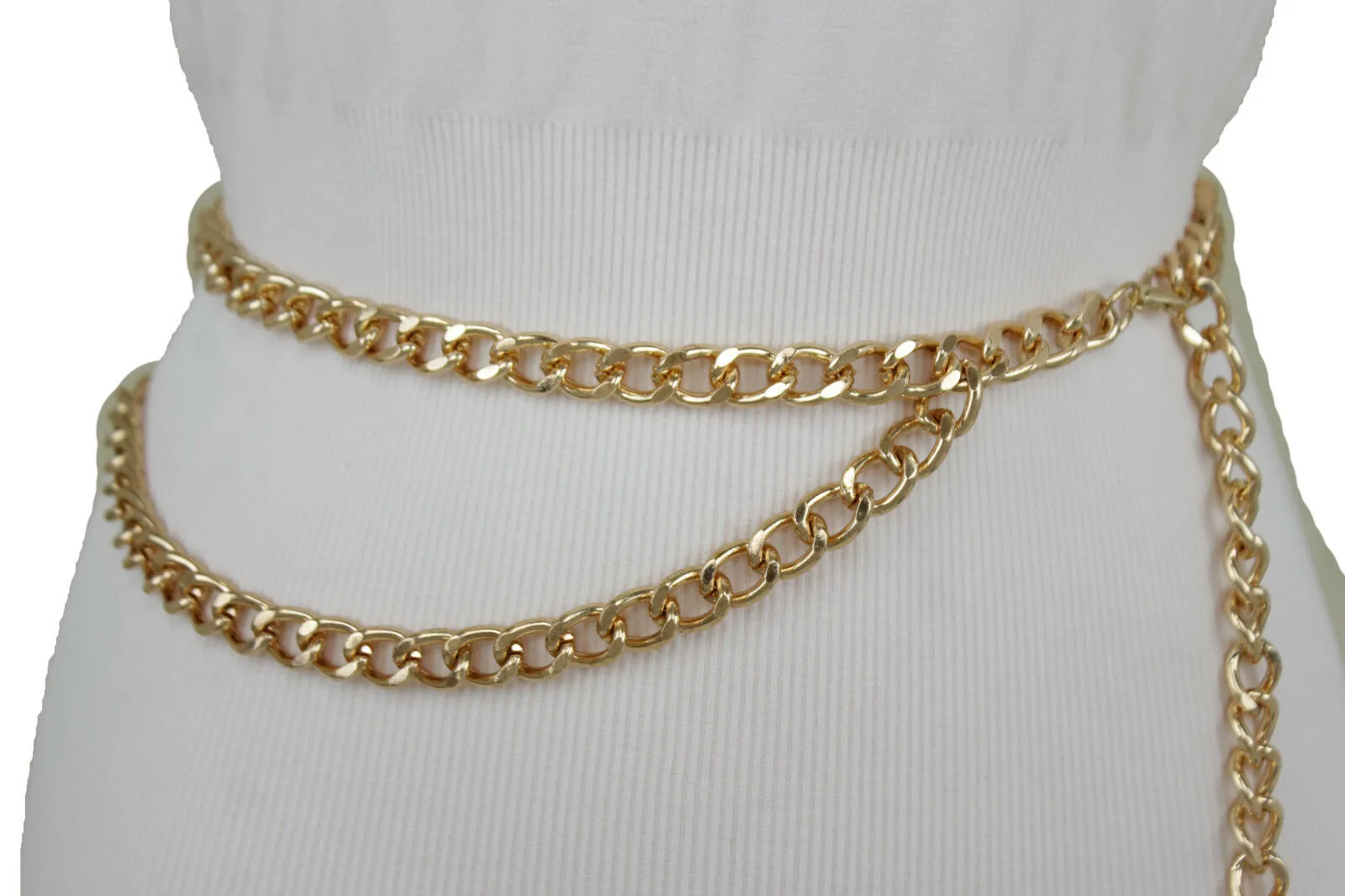 Women Belt Gold Metal Chain Links Narrow Waistband Hip High Waist Size XS S M