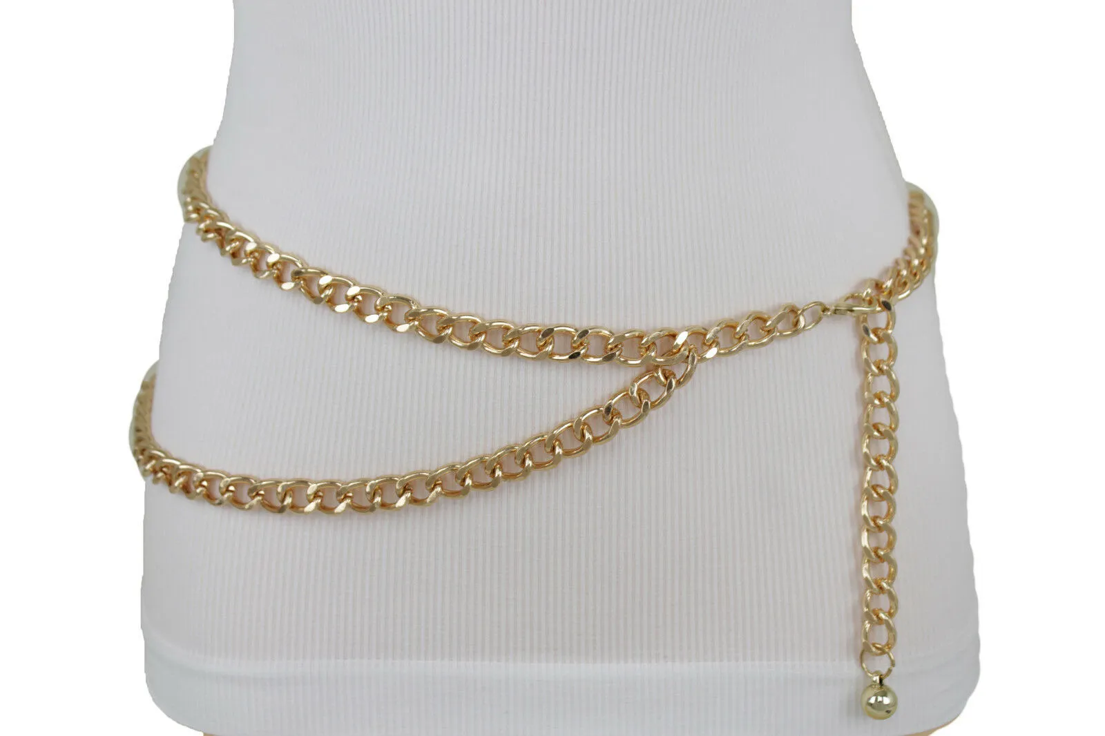 Women Belt Gold Metal Chain Links Narrow Waistband Hip High Waist Size XS S M