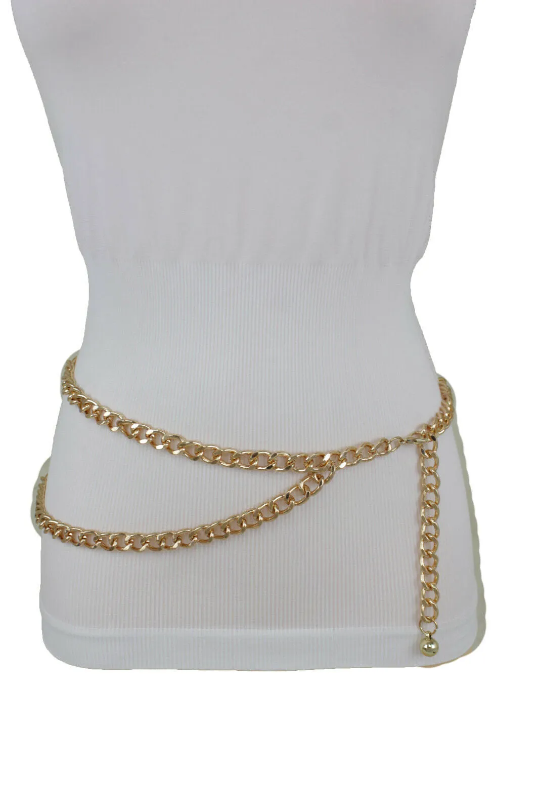 Women Belt Gold Metal Chain Links Narrow Waistband Hip High Waist Size XS S M