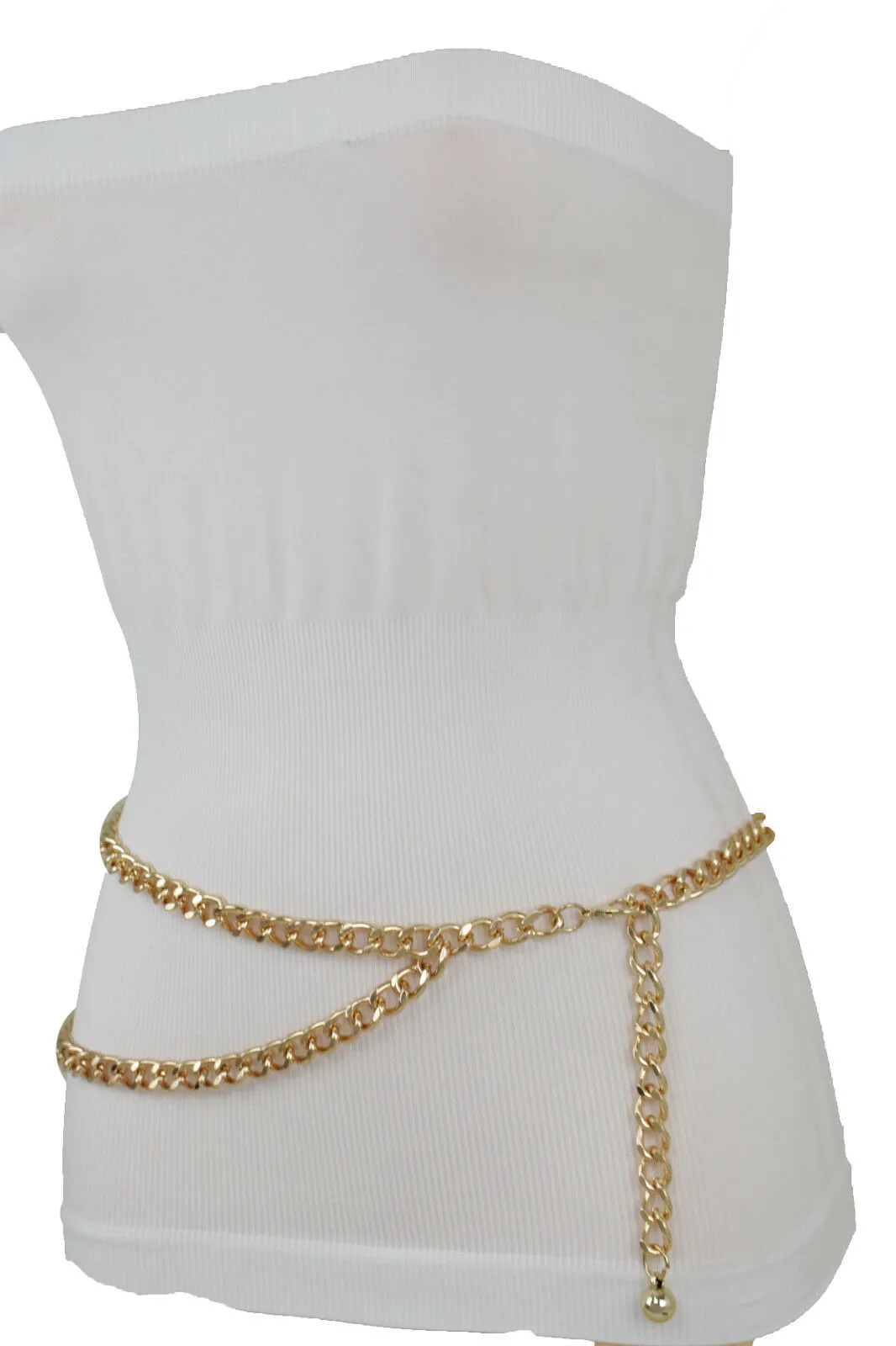 Women Belt Gold Metal Chain Links Narrow Waistband Hip High Waist Size XS S M