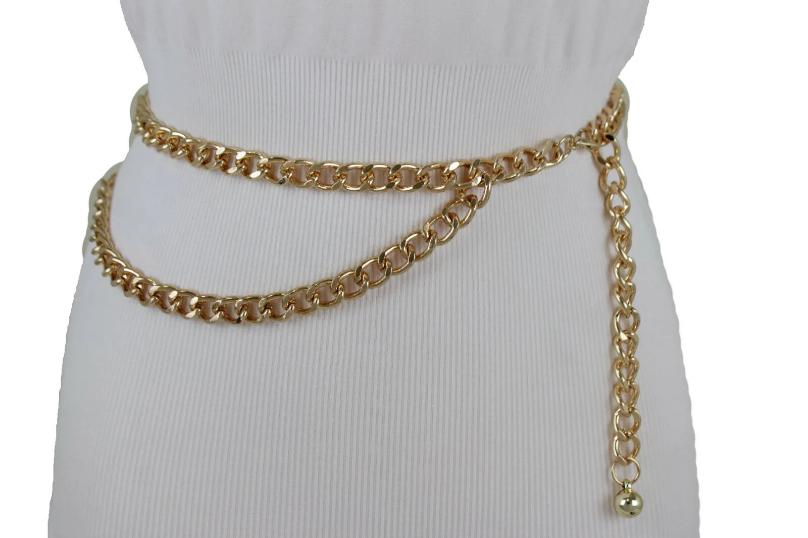 Women Belt Gold Metal Chain Links Narrow Waistband Hip High Waist Size XS S M