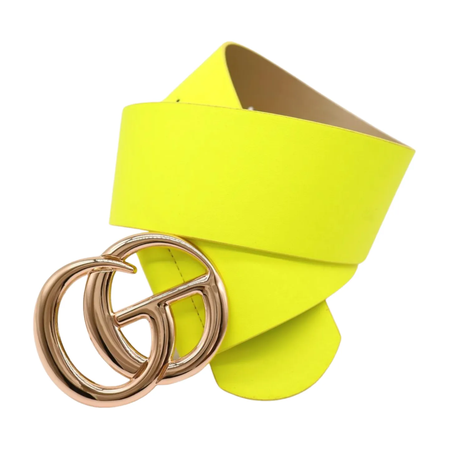 Women Bright Neon Yellow Wide Faux Leather Belt Gold Metal Circle Buckle Fit S M