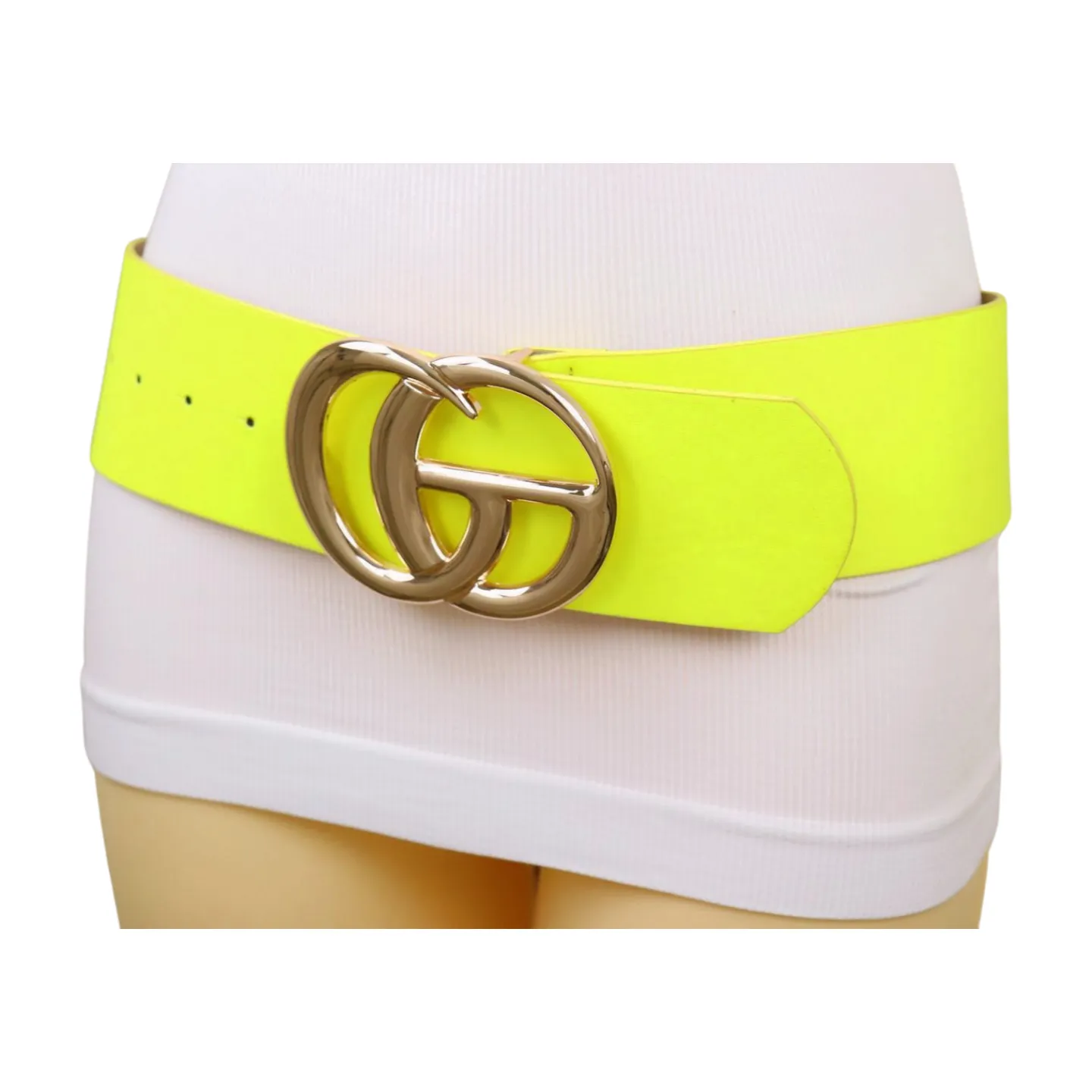 Women Bright Neon Yellow Wide Faux Leather Belt Gold Metal Circle Buckle Fit S M