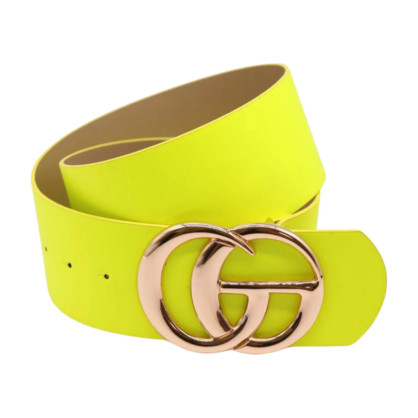 Women Bright Neon Yellow Wide Faux Leather Belt Gold Metal Circle Buckle Fit S M