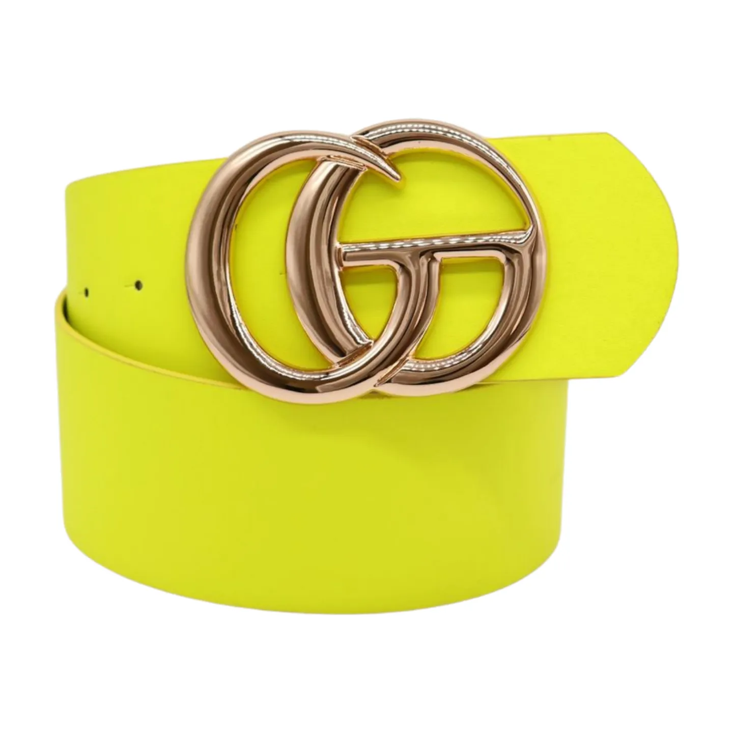 Women Bright Neon Yellow Wide Faux Leather Belt Gold Metal Circle Buckle Fit S M