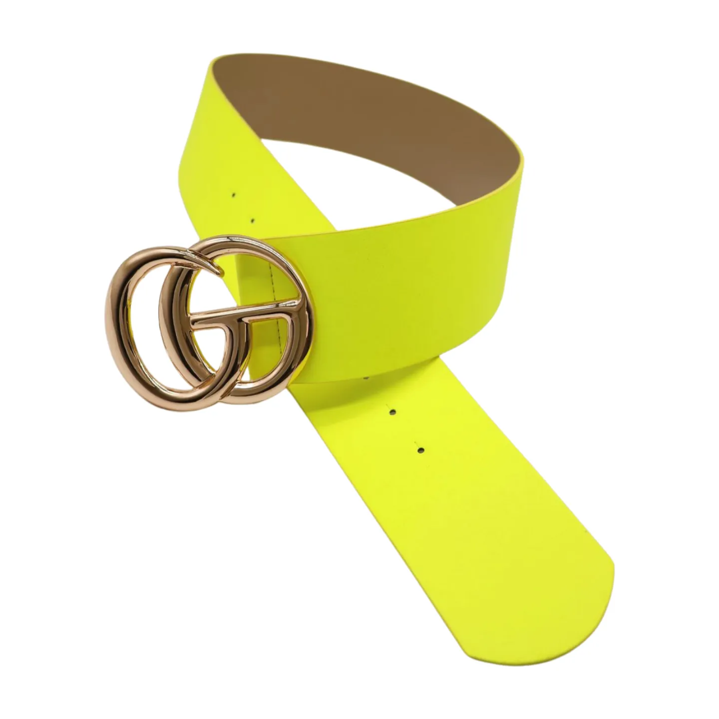 Women Bright Neon Yellow Wide Faux Leather Belt Gold Metal Circle Buckle Fit S M