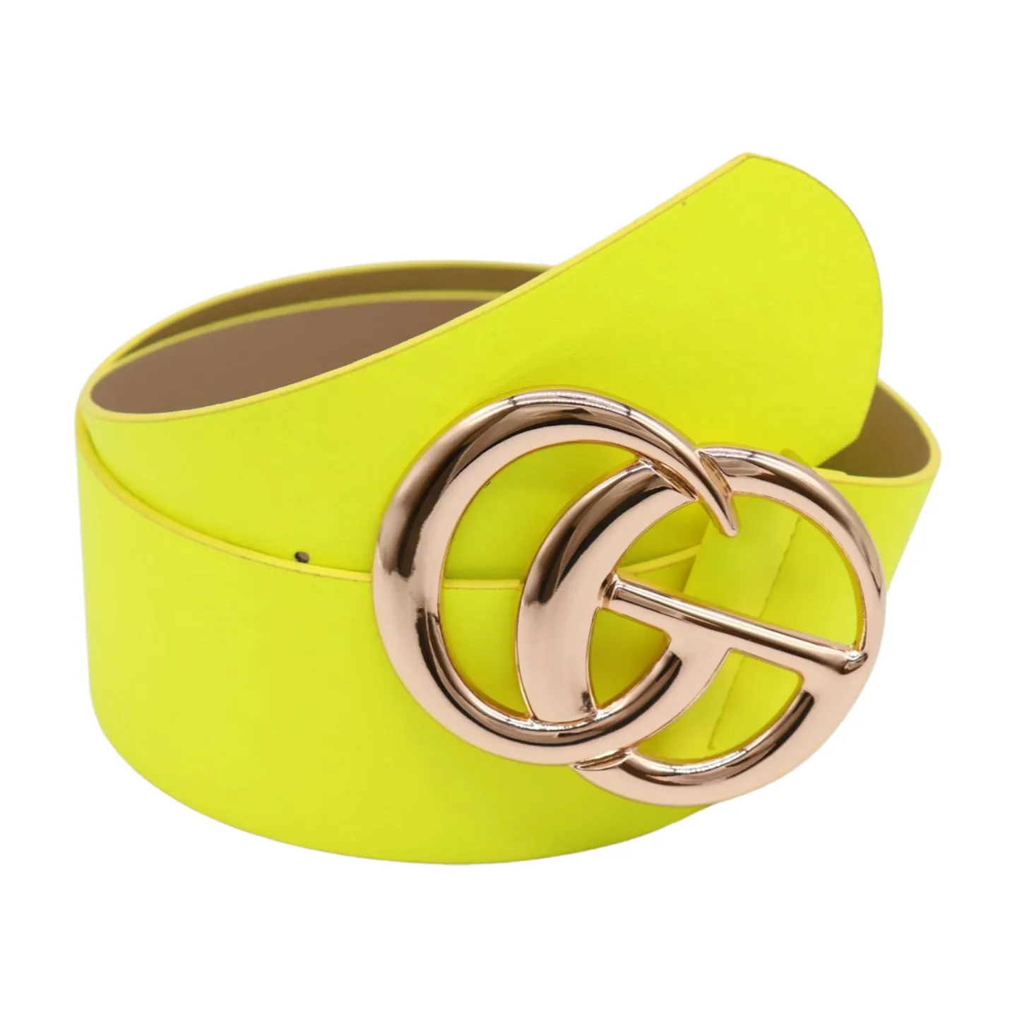 Women Bright Neon Yellow Wide Faux Leather Belt Gold Metal Circle Buckle Fit S M